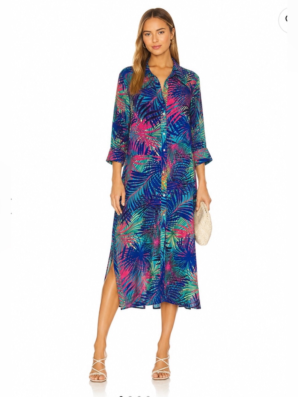 Bonmarché Tropical Palm Print Shirt Midi Dress Blue Pink Size Large